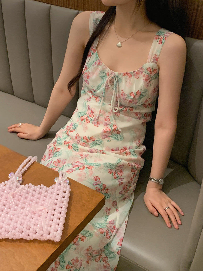 【F60427】實拍法式温柔復古碎花雪紡洋裝250609