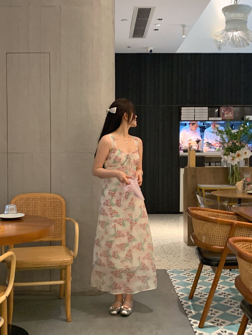 【F60427】實拍法式温柔復古碎花雪紡洋裝250609