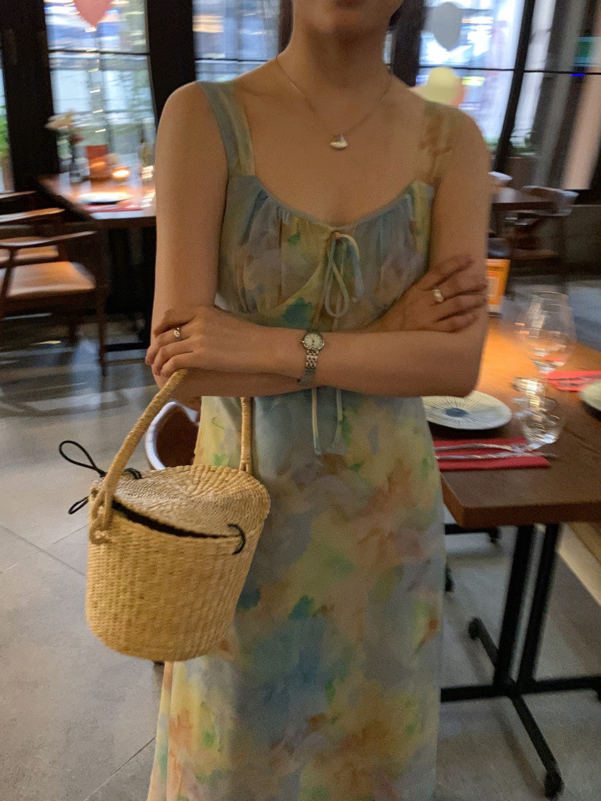 【F60427】實拍法式温柔復古碎花雪紡洋裝250609