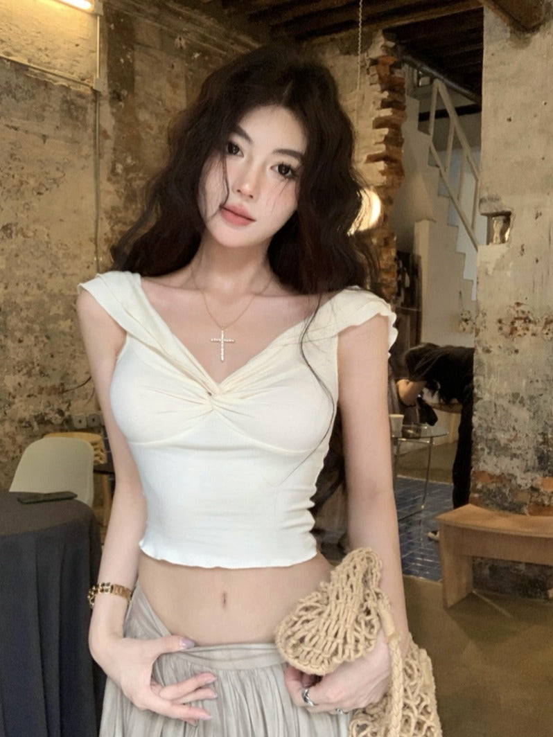 【F60438】實拍夏季法式一字肩褶皺顯瘦背心250609
