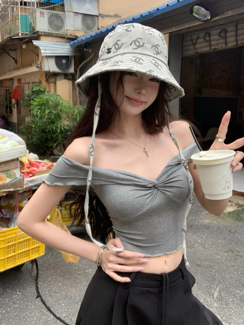 【F60438】實拍夏季法式一字肩褶皺顯瘦背心250609