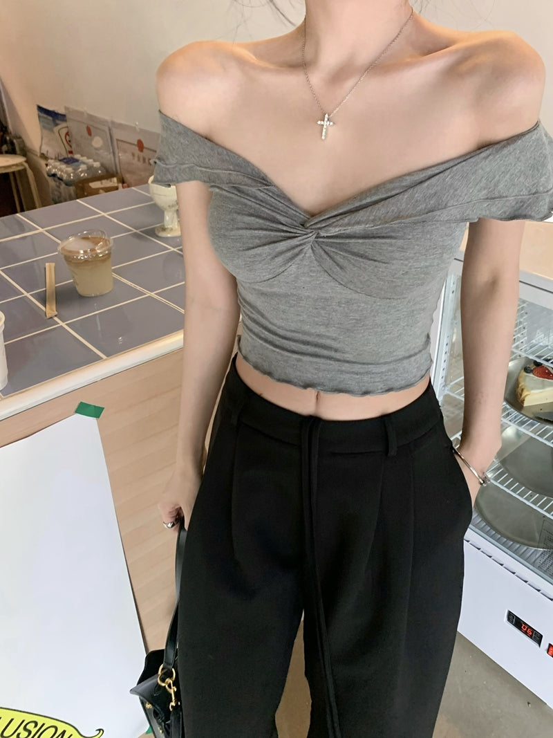 【F60438】實拍夏季法式一字肩褶皺顯瘦背心250609