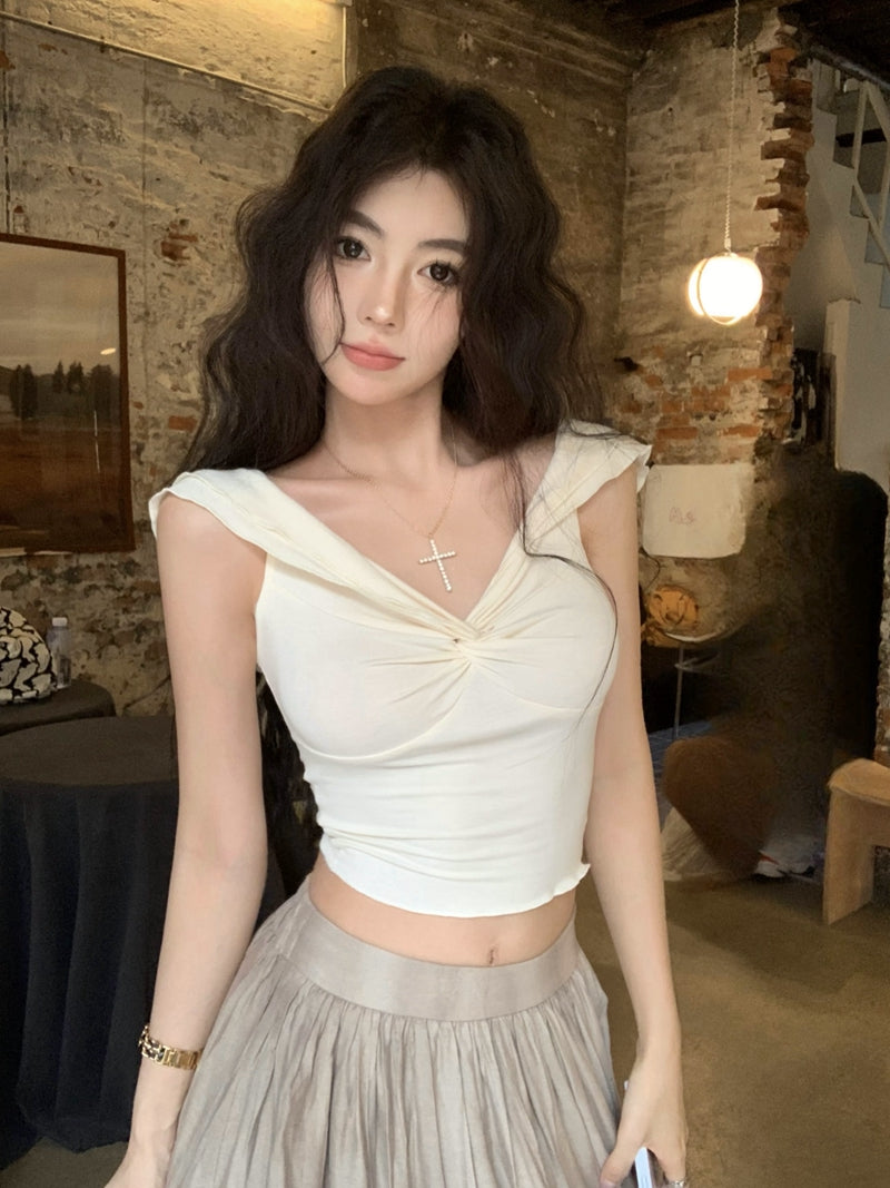 【F60438】實拍夏季法式一字肩褶皺顯瘦背心250609