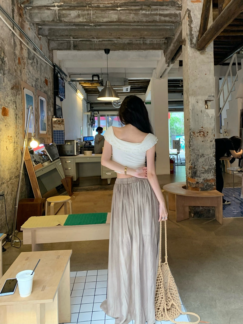 【F60438】實拍夏季法式一字肩褶皺顯瘦背心250609