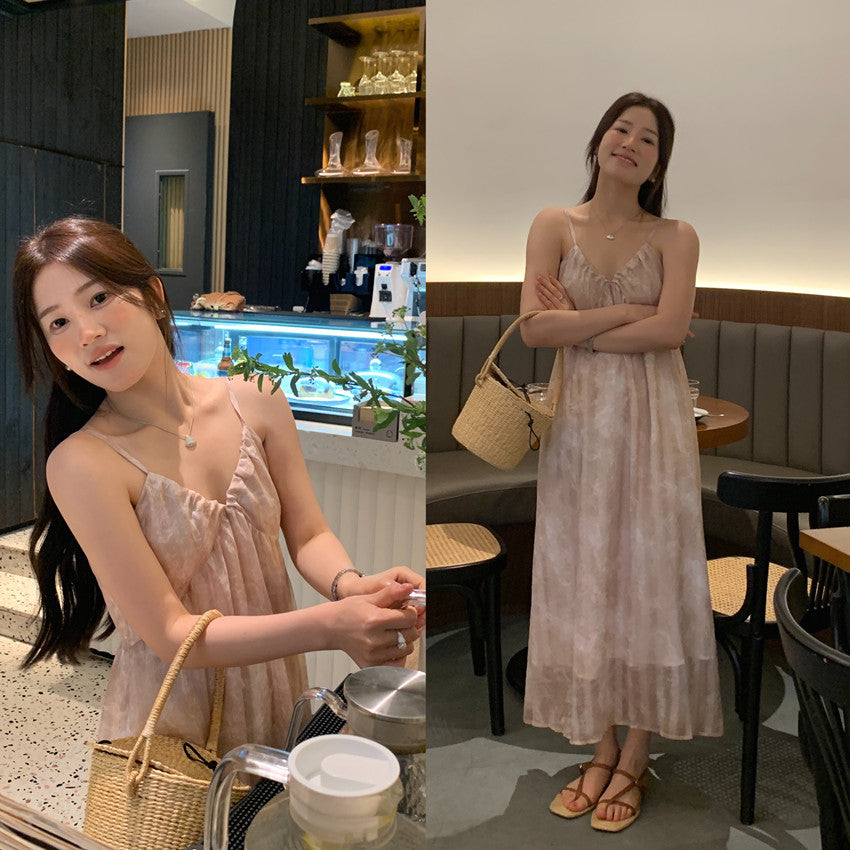 【F60428】實拍復古慵懶度假碎花雪紡長洋裝250609