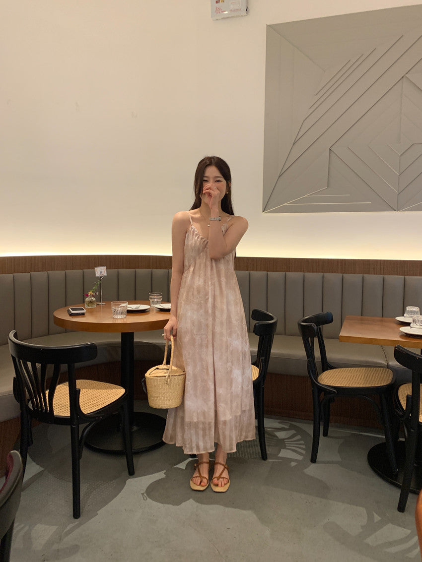【F60428】實拍復古慵懶度假碎花雪紡長洋裝250609
