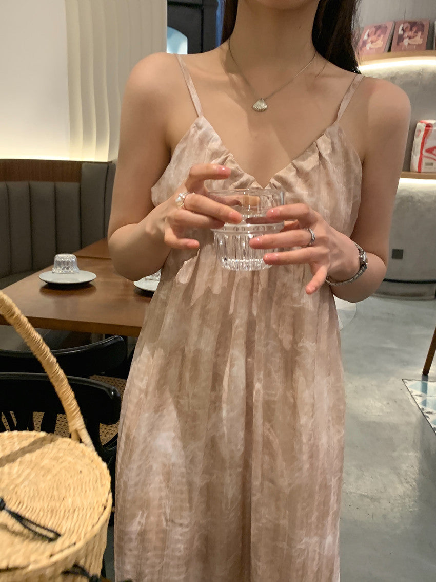 【F60428】實拍復古慵懶度假碎花雪紡長洋裝250609