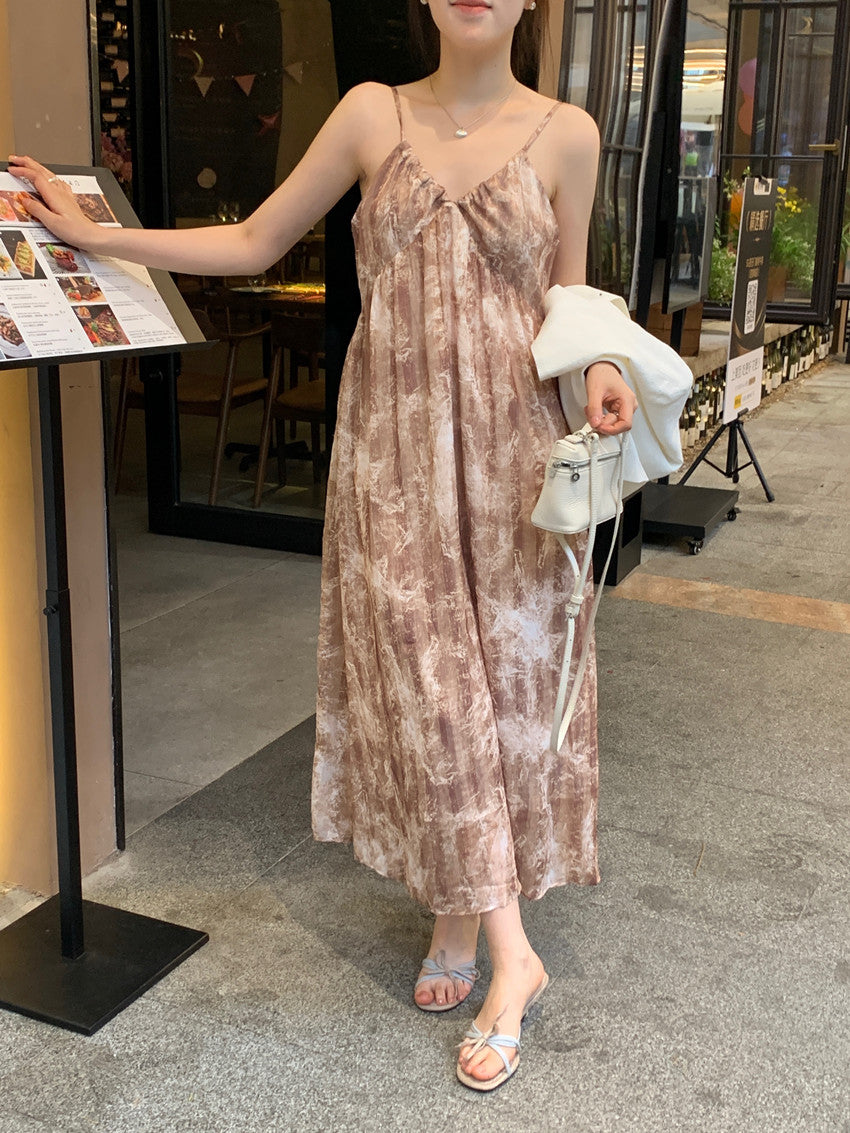 【F60428】實拍復古慵懶度假碎花雪紡長洋裝250609
