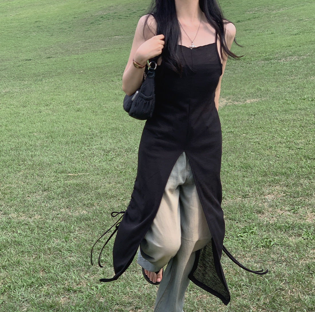 【F032288】韓國ins法式氣質開叉設計針織抽繩長吊帶洋裝250311