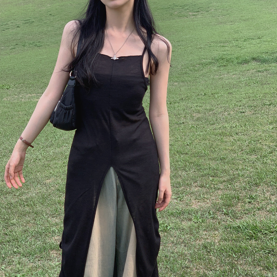 【F032288】韓國ins法式氣質開叉設計針織抽繩長吊帶洋裝250311