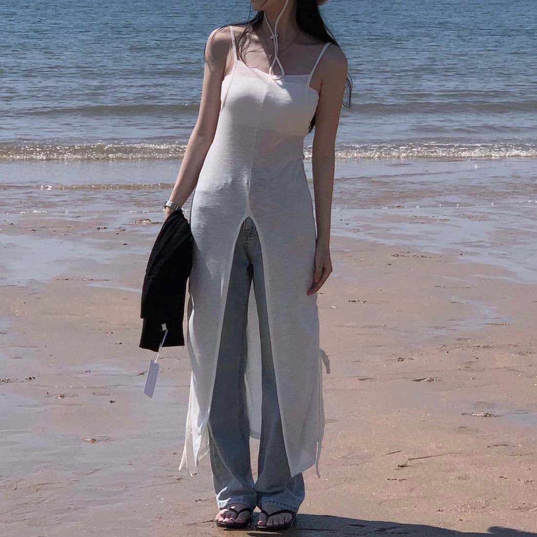 【F032288】韓國ins法式氣質開叉設計針織抽繩長吊帶洋裝250311