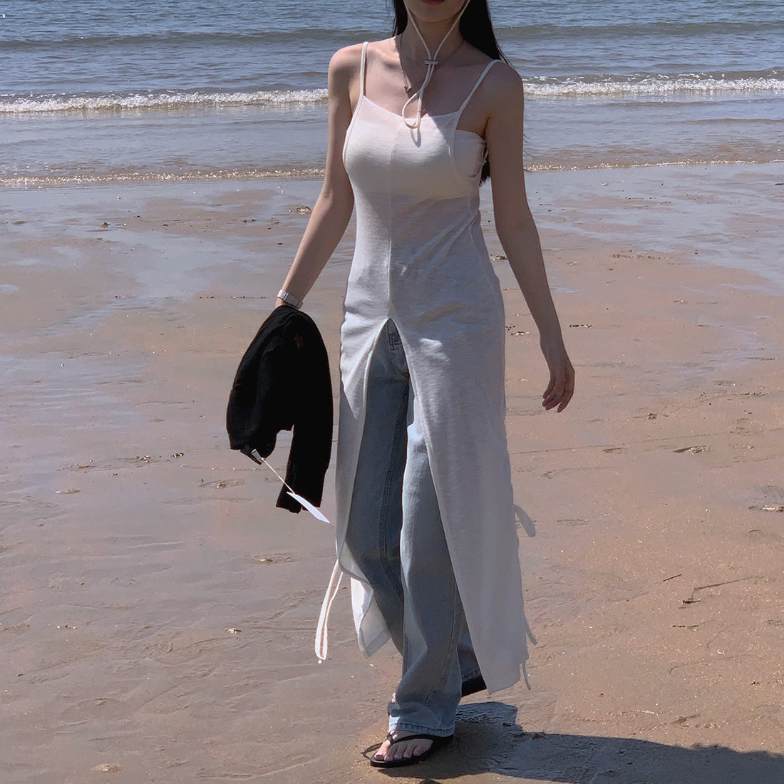 【F032288】韓國ins法式氣質開叉設計針織抽繩長吊帶洋裝250311