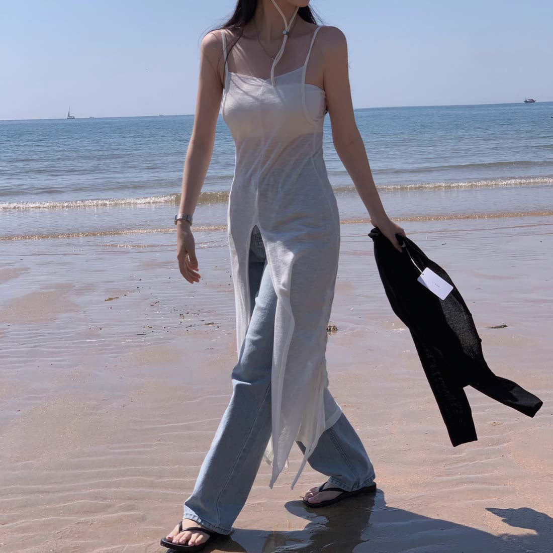 【F032288】韓國ins法式氣質開叉設計針織抽繩長吊帶洋裝250311
