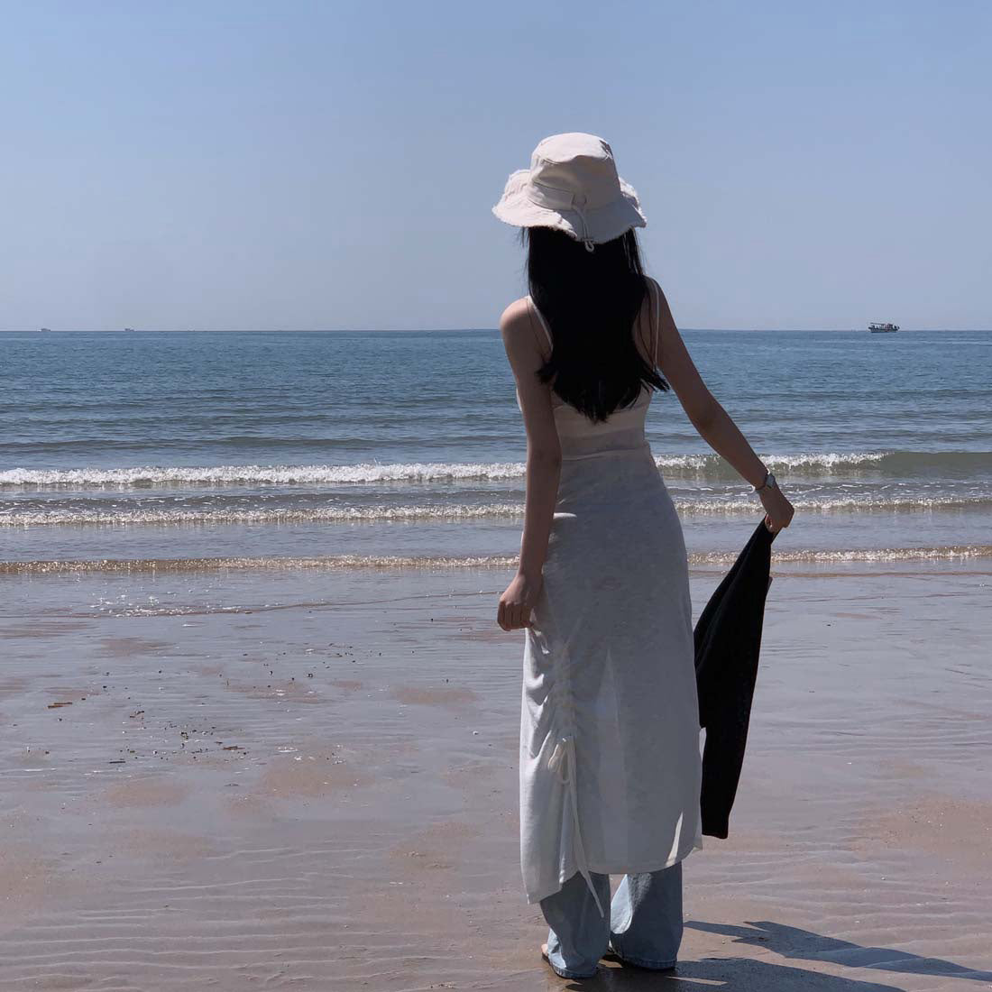 【F032288】韓國ins法式氣質開叉設計針織抽繩長吊帶洋裝250311