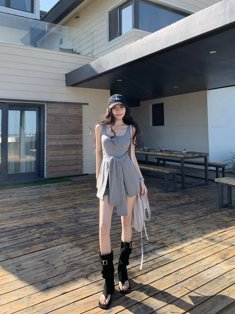 【F60441】實拍夏季辣妹修身假2件顯瘦吊帶洋裝(含胸墊)250609