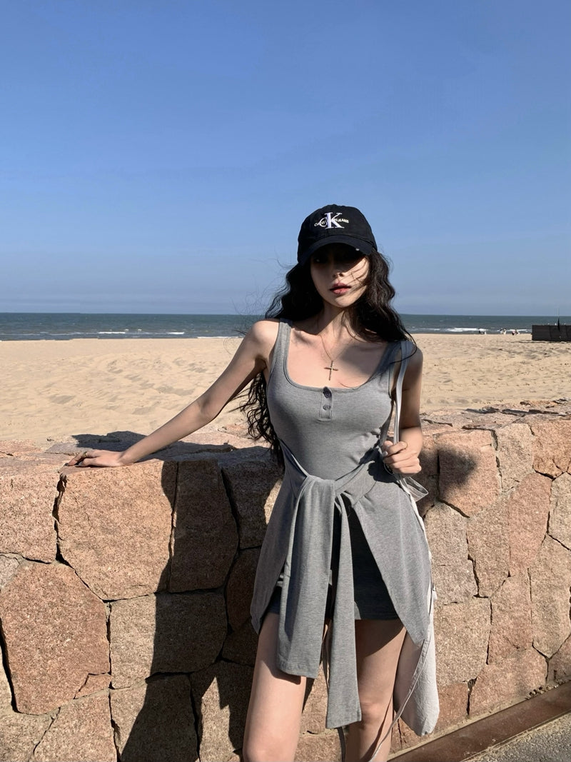 【F60441】實拍夏季辣妹修身假2件顯瘦吊帶洋裝(含胸墊)250609