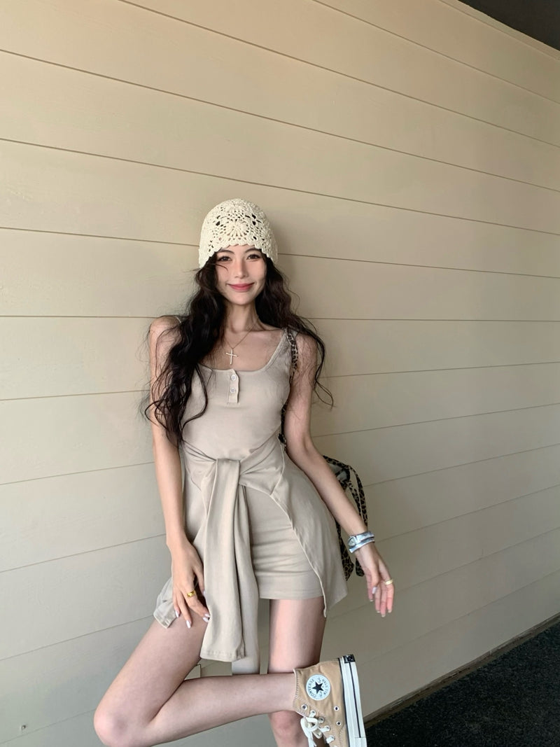 【F60441】實拍夏季辣妹修身假2件顯瘦吊帶洋裝(含胸墊)250609