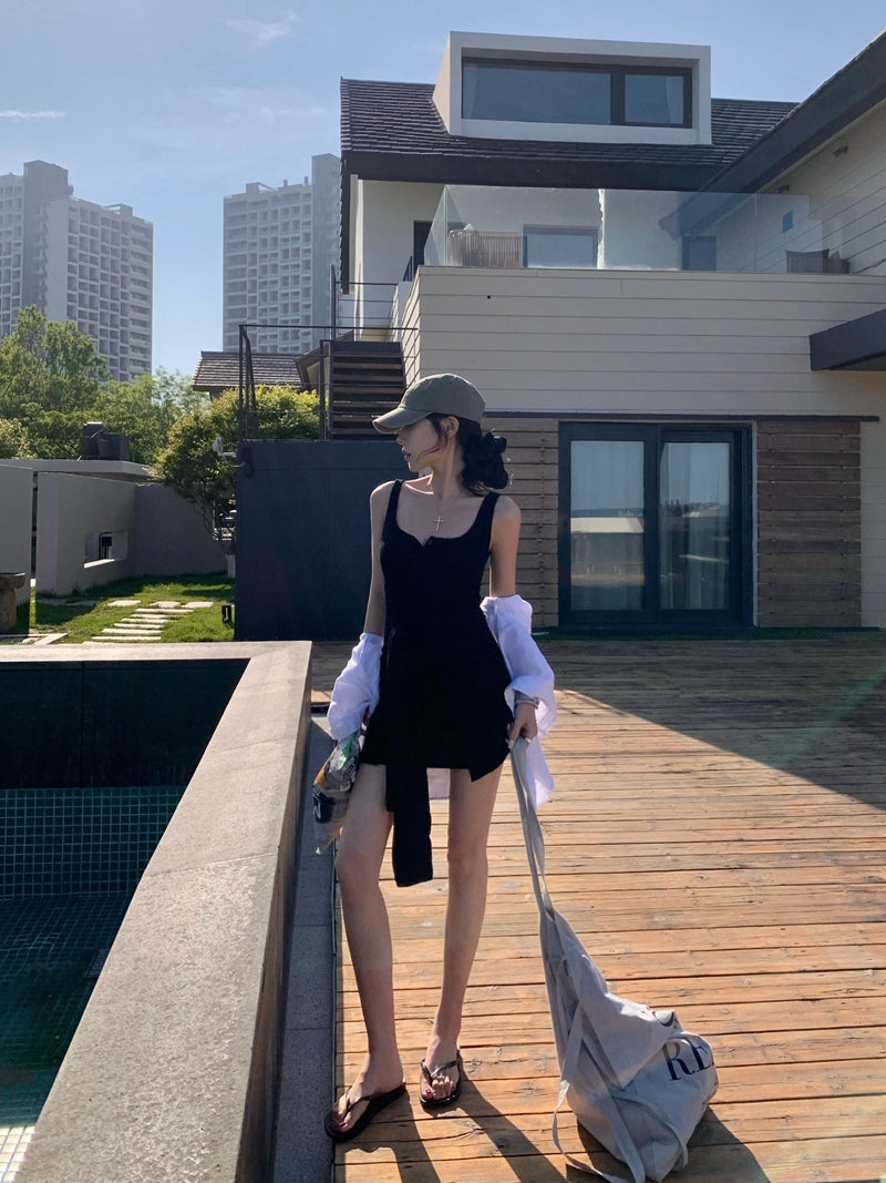 【F60441】實拍夏季辣妹修身假2件顯瘦吊帶洋裝(含胸墊)250609