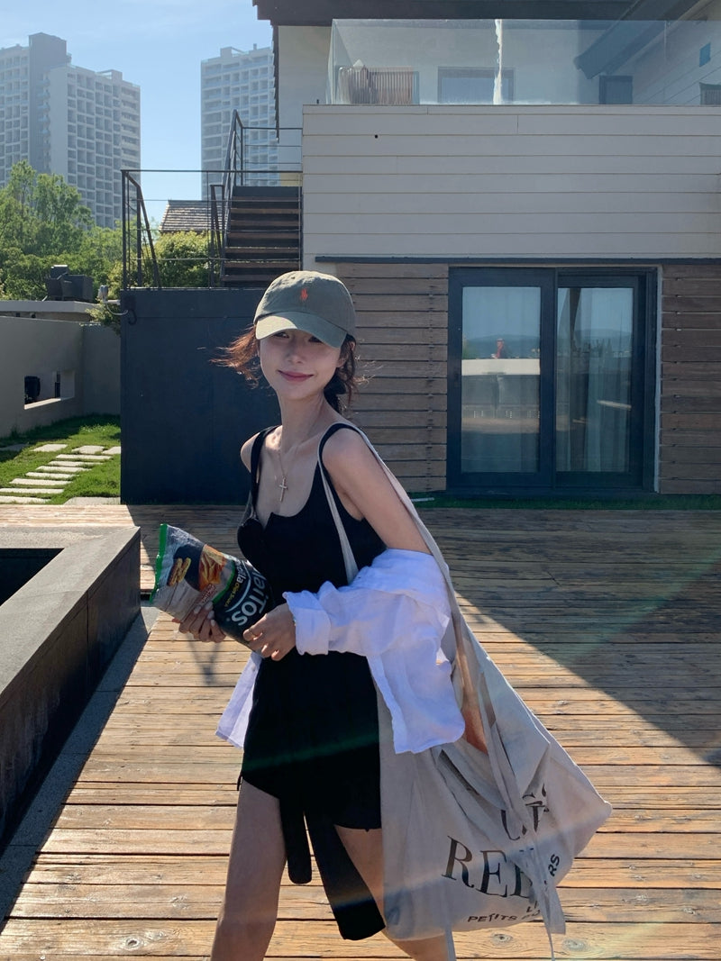 【F60441】實拍夏季辣妹修身假2件顯瘦吊帶洋裝(含胸墊)250609