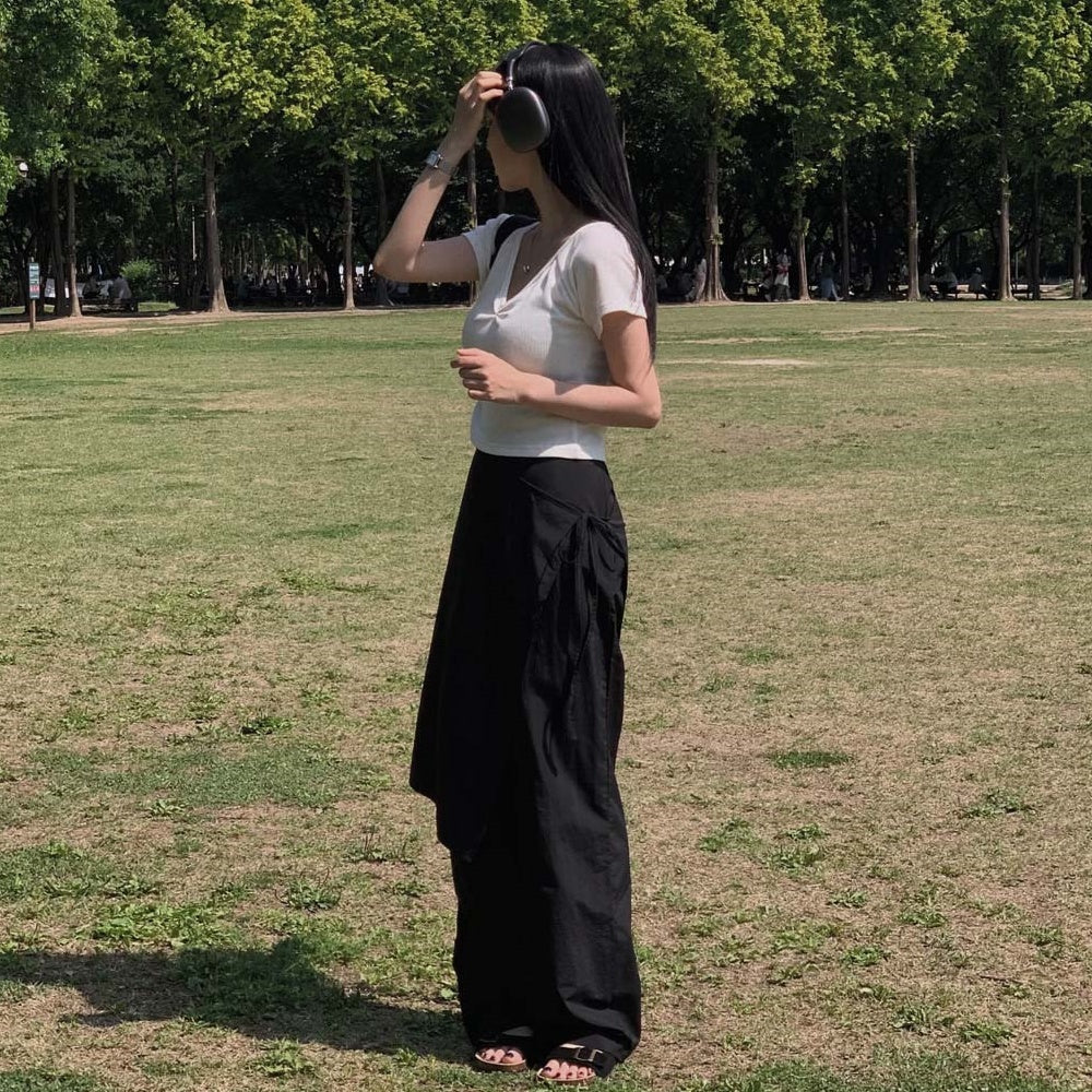 【F032287】韓國小眾設計款裹身圍裙假兩件休閒褲(後鬆緊腰)250311