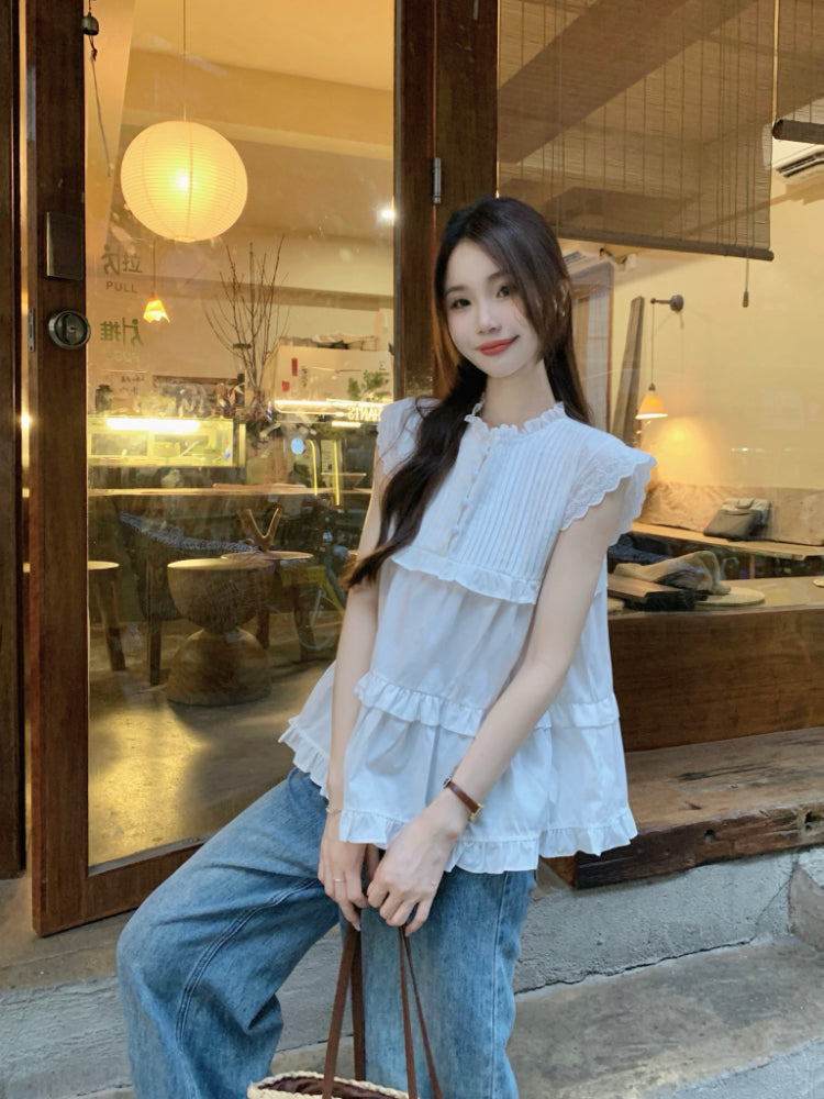 【F60343】實拍夏日甜美壓摺飛飛袖襯衫250408