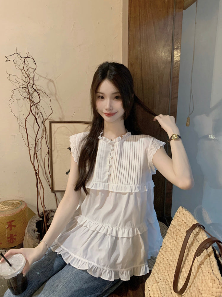 【F60343】實拍夏日甜美壓摺飛飛袖襯衫250408