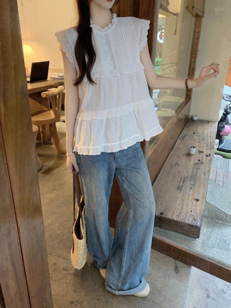 【F60343】實拍夏日甜美壓摺飛飛袖襯衫250408