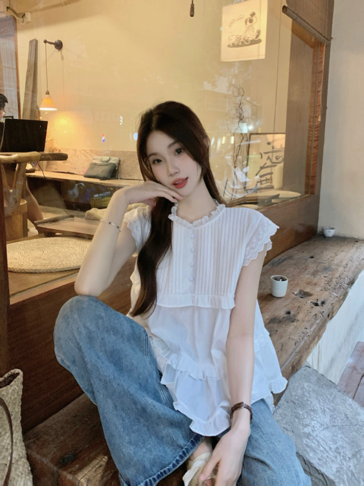 【F60343】實拍夏日甜美壓摺飛飛袖襯衫250408