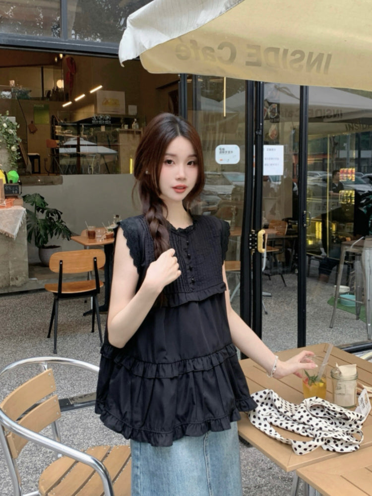 【F60343】實拍夏日甜美壓摺飛飛袖襯衫250408