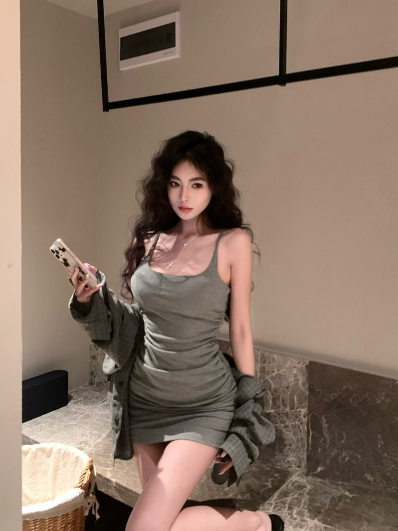 【F60439】實拍夏甜美辣妹打褶收腰顯瘦吊帶洋裝(含胸墊)250609