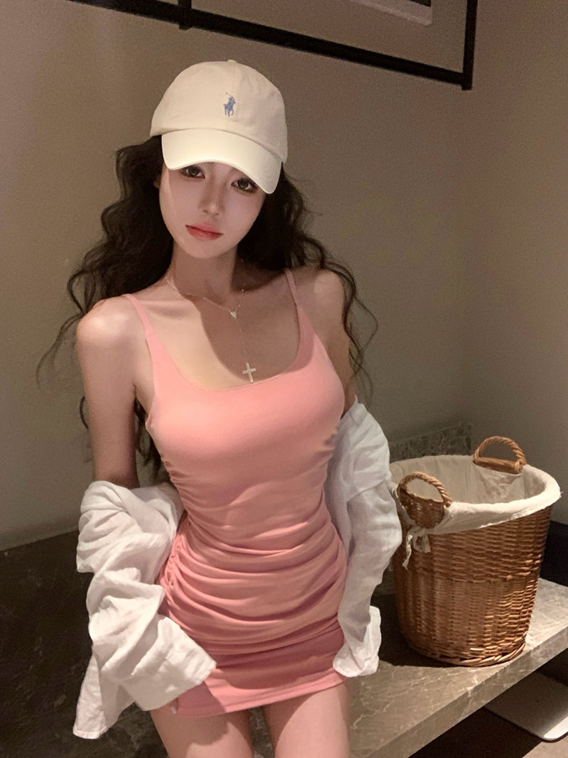 【F60439】實拍夏甜美辣妹打褶收腰顯瘦吊帶洋裝(含胸墊)250609