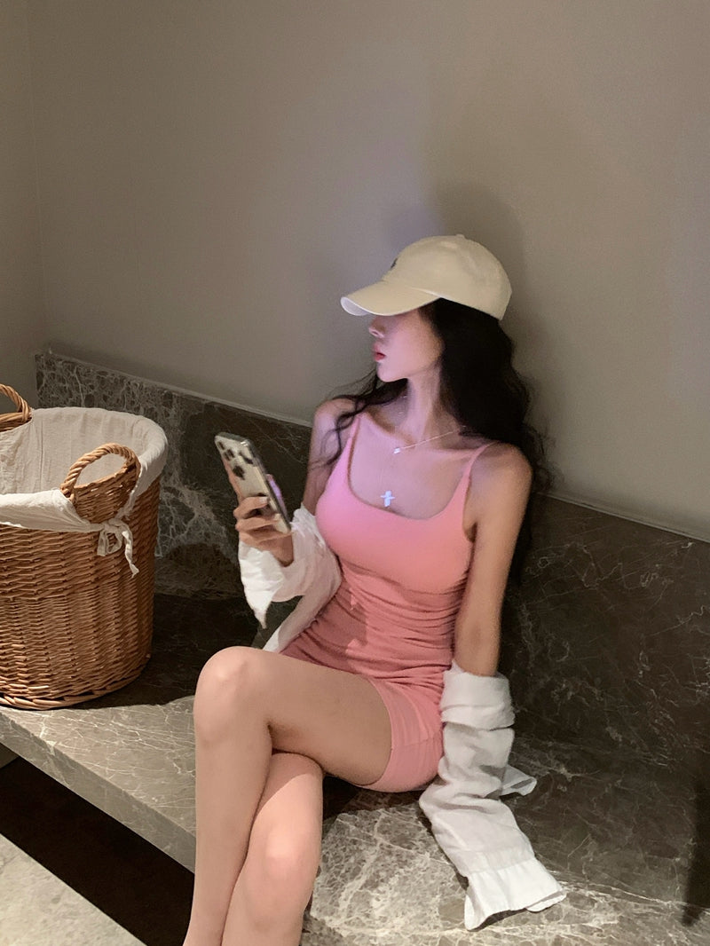 【F60439】實拍夏甜美辣妹打褶收腰顯瘦吊帶洋裝(含胸墊)250609