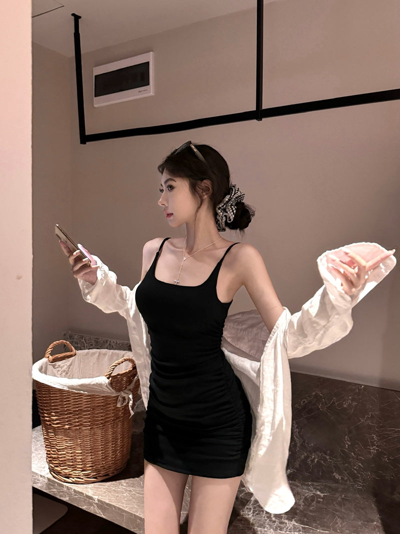 【F60439】實拍夏甜美辣妹打褶收腰顯瘦吊帶洋裝(含胸墊)250609