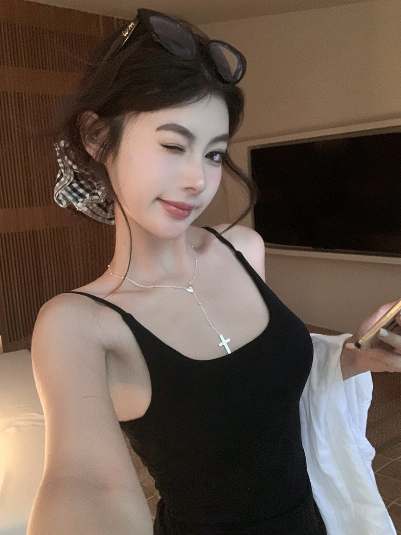 【F60439】實拍夏甜美辣妹打褶收腰顯瘦吊帶洋裝(含胸墊)250609