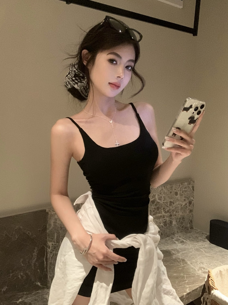【F60439】實拍夏甜美辣妹打褶收腰顯瘦吊帶洋裝(含胸墊)250609