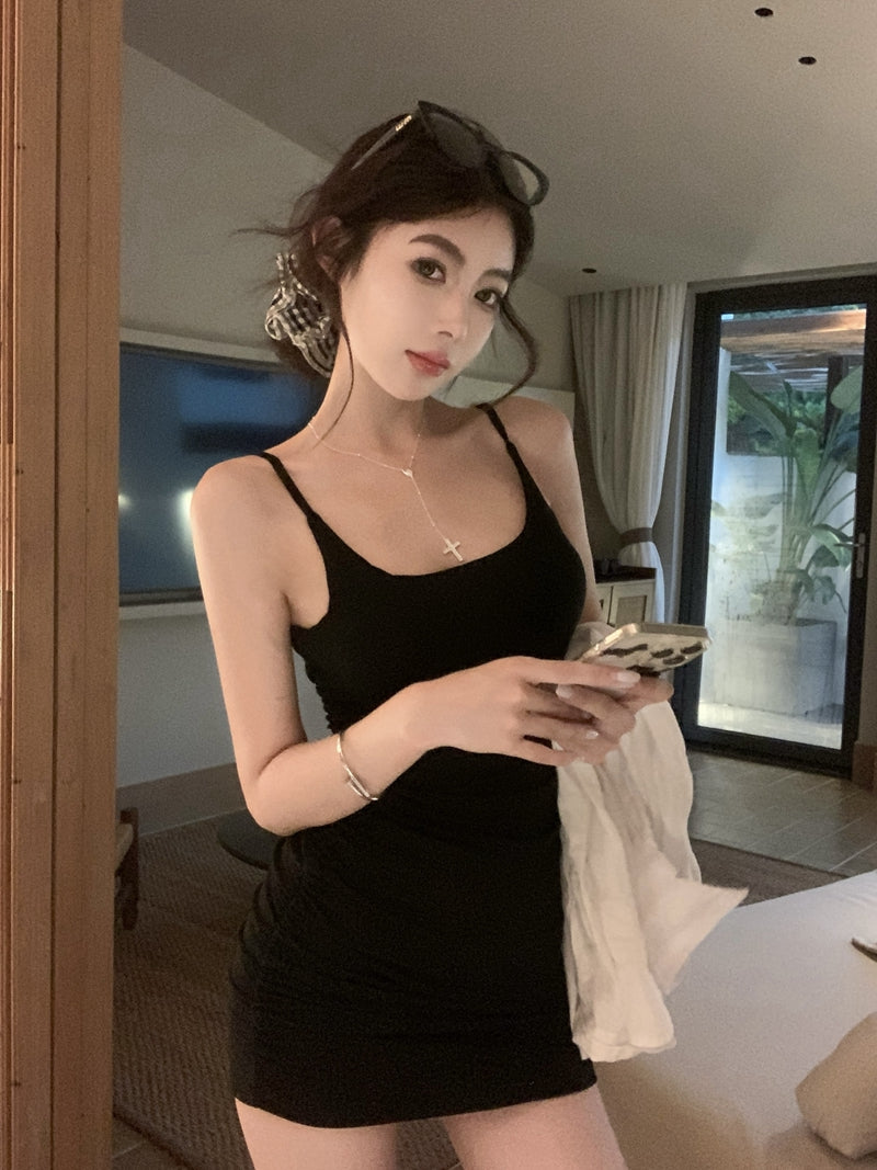 【F60439】實拍夏甜美辣妹打褶收腰顯瘦吊帶洋裝(含胸墊)250609