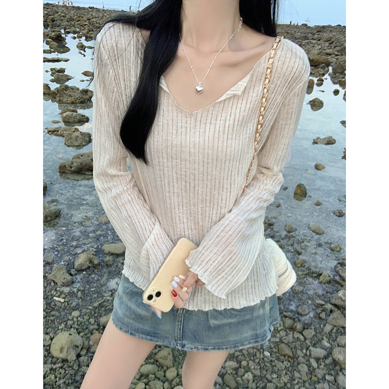 【F60144】實拍夏季薄款坑條長袖罩衫250218
