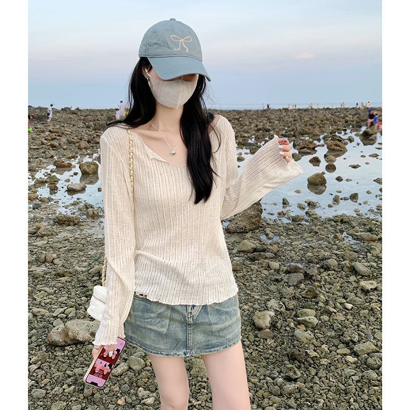 【F60144】實拍夏季薄款坑條長袖罩衫250218