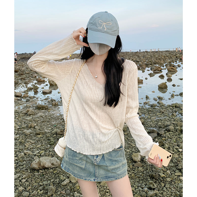 【F60144】實拍夏季薄款坑條長袖罩衫250218