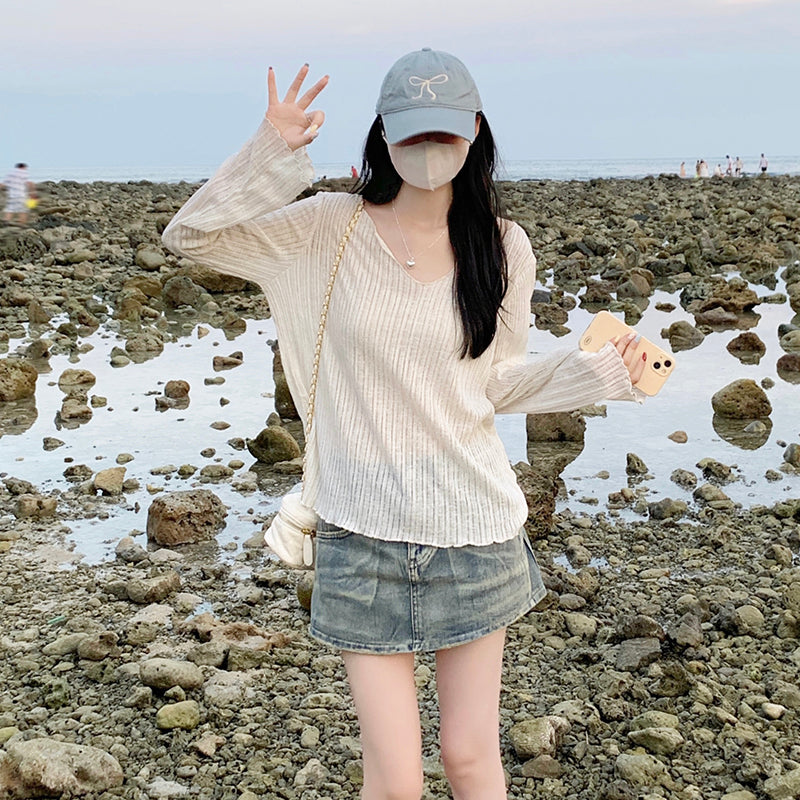 【F60144】實拍夏季薄款坑條長袖罩衫250218
