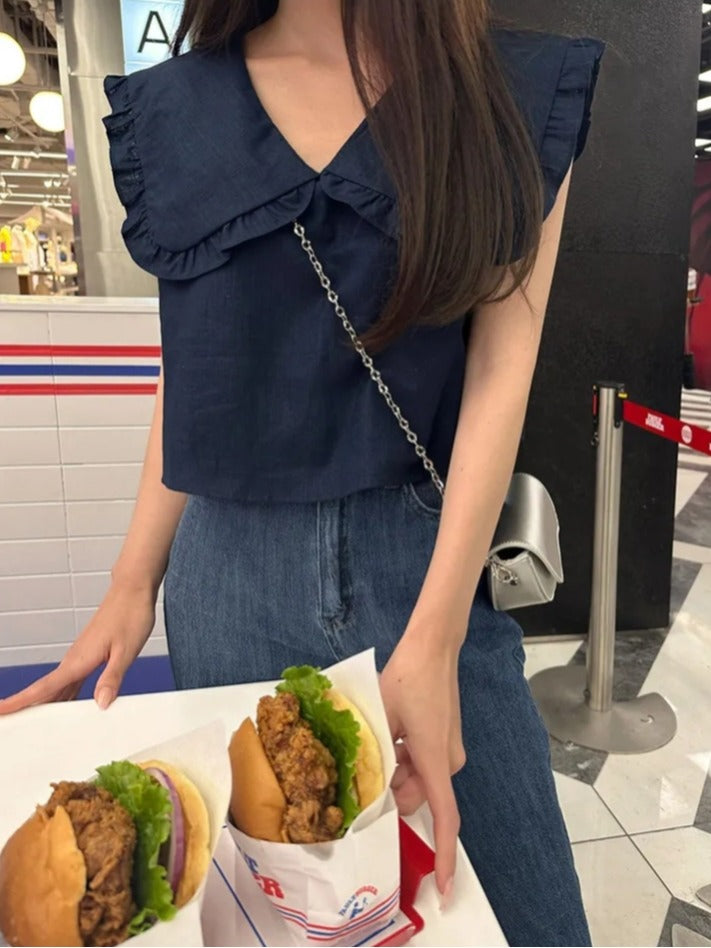 【F60478】韓版夏季甜美簡約娃娃領上衣250616