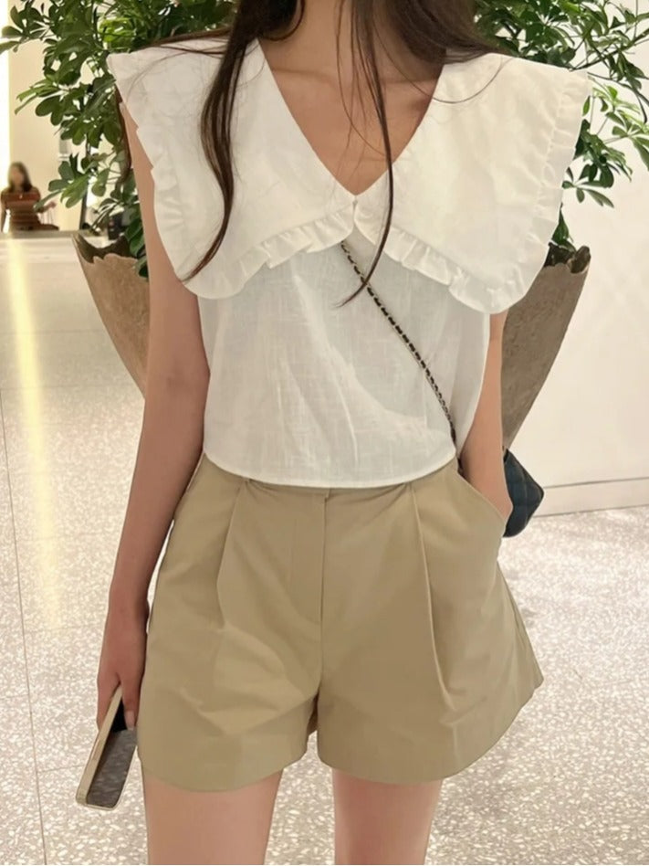 【F60478】韓版夏季甜美簡約娃娃領上衣250616