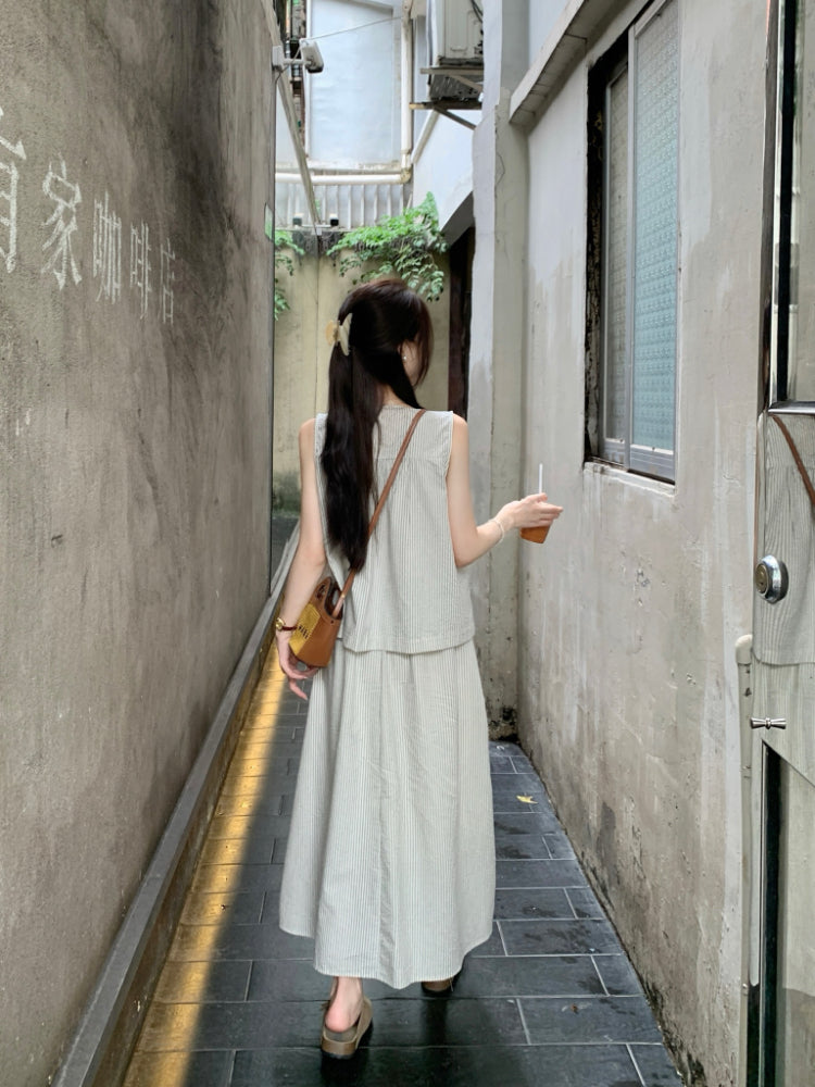 【F60349】實拍簡約鬆弛感條紋無袖背心+A字裙 兩件套250408