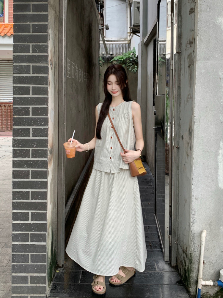 【F60349】實拍簡約鬆弛感條紋無袖背心+A字裙 兩件套250408
