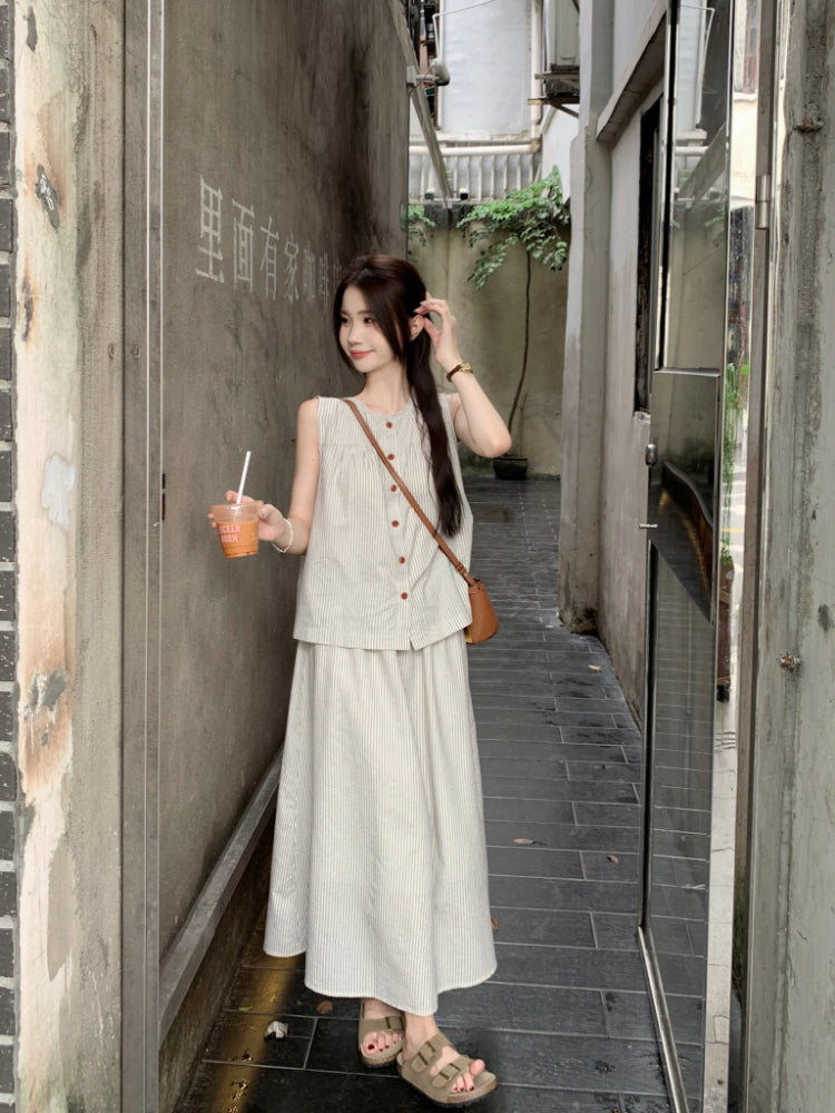 【F60349】實拍簡約鬆弛感條紋無袖背心+A字裙 兩件套250408