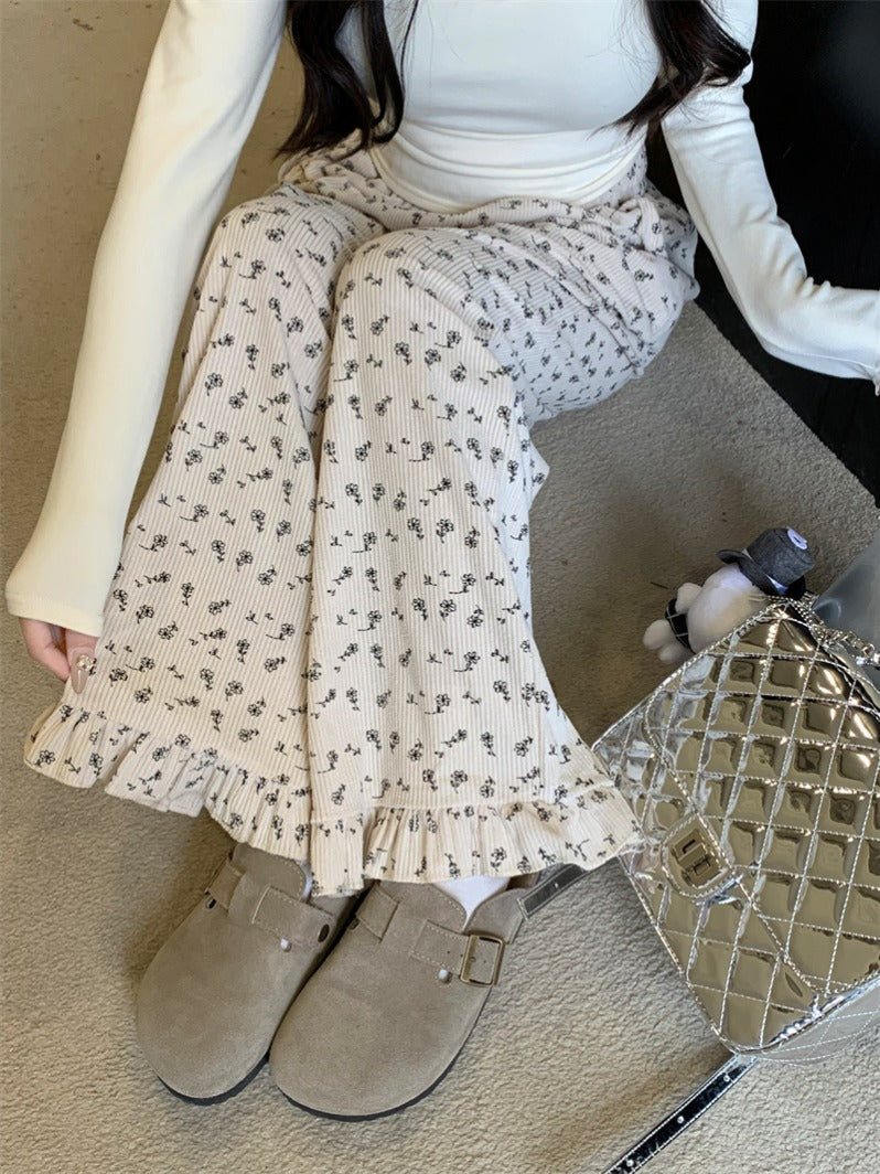 【F60151】實拍春季日系碎花燈芯絨闊腿褲250218