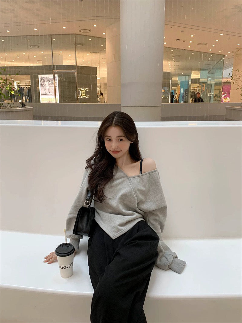 【F01218】早春韓版氣質設計感露肩不規則休閒衞衣250113