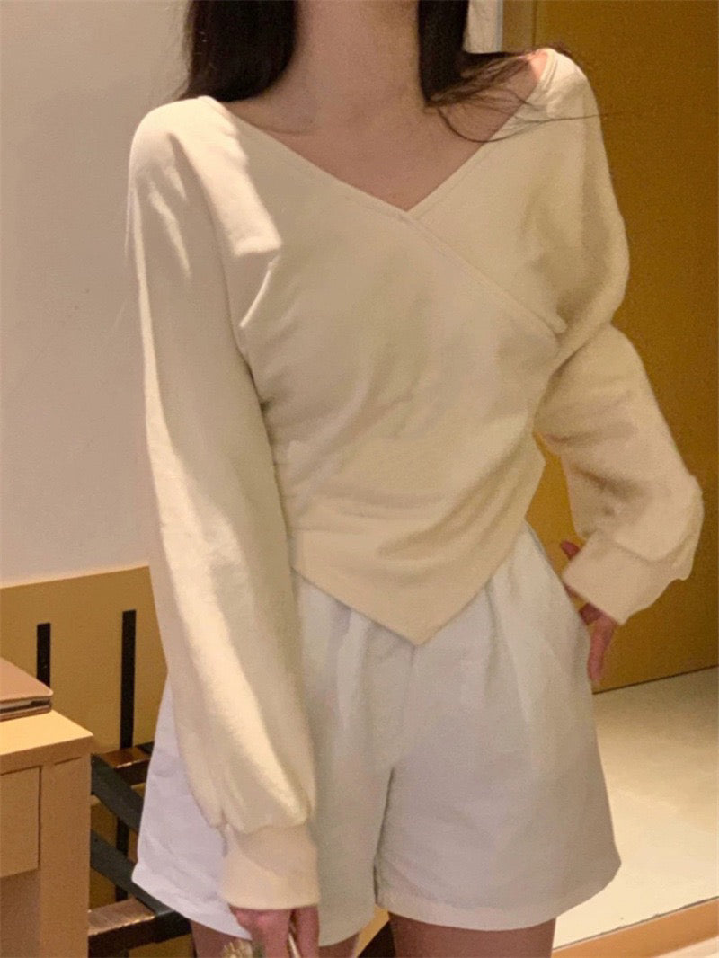 【F01218】早春韓版氣質設計感露肩不規則休閒衞衣250113