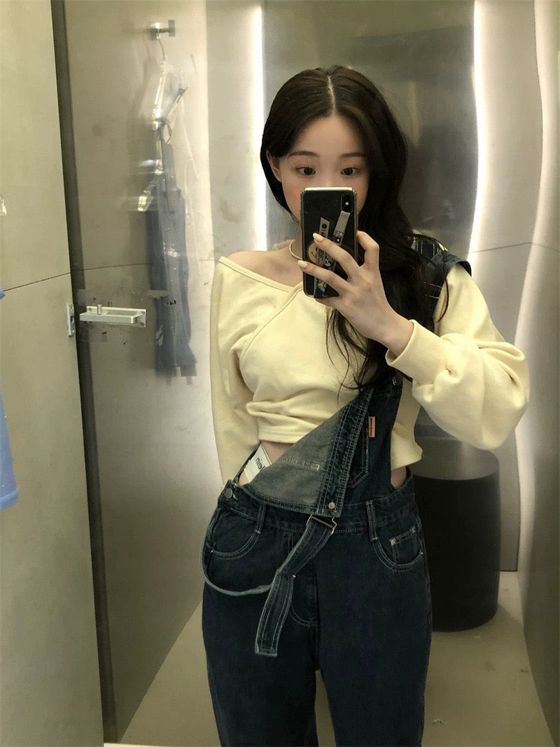 【F01218】早春韓版氣質設計感露肩不規則休閒衞衣250113