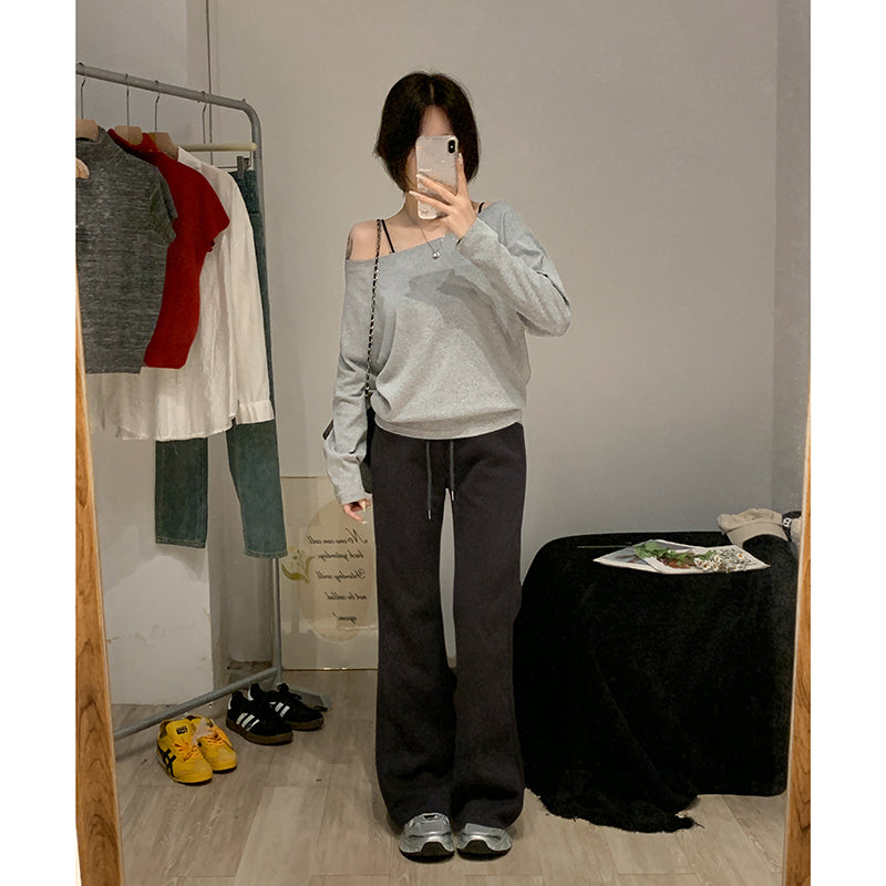 【F032271】實拍S~XL早春個性斜肩一字領長袖T恤/磨毛款250311
